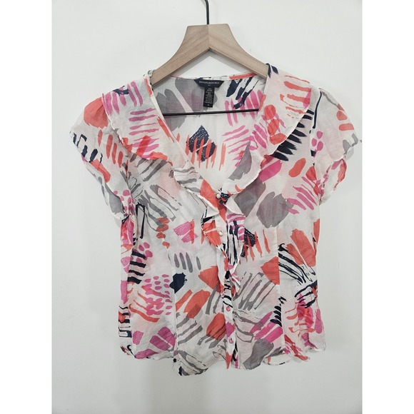 Banana Republic Tops - Banana Republic Silk Blend Abstract Print Ruffle Blouse Coral Pink Grey Medium